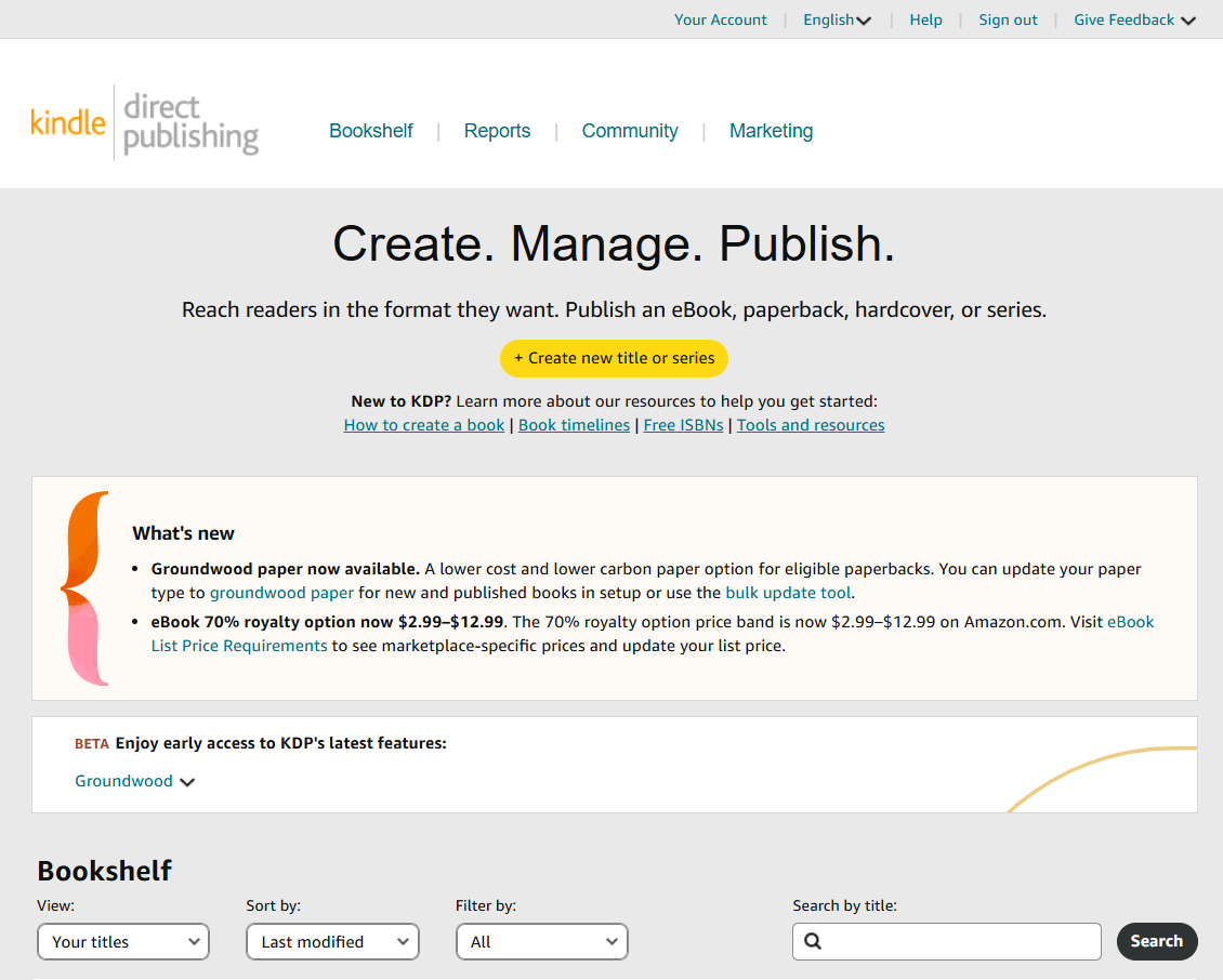 Dashboard-ul KDP după logare - secțiunile Bookshelf, Reports, Community, Marketing